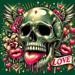 Wall Art Print - Detailed Skeleton Lips Love Flowers Decor -Work Office Bedroom